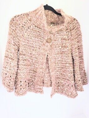 Free People Chunky Knit Sweater Meatllic Wool Blend Cardigan Bell Sleeve Small